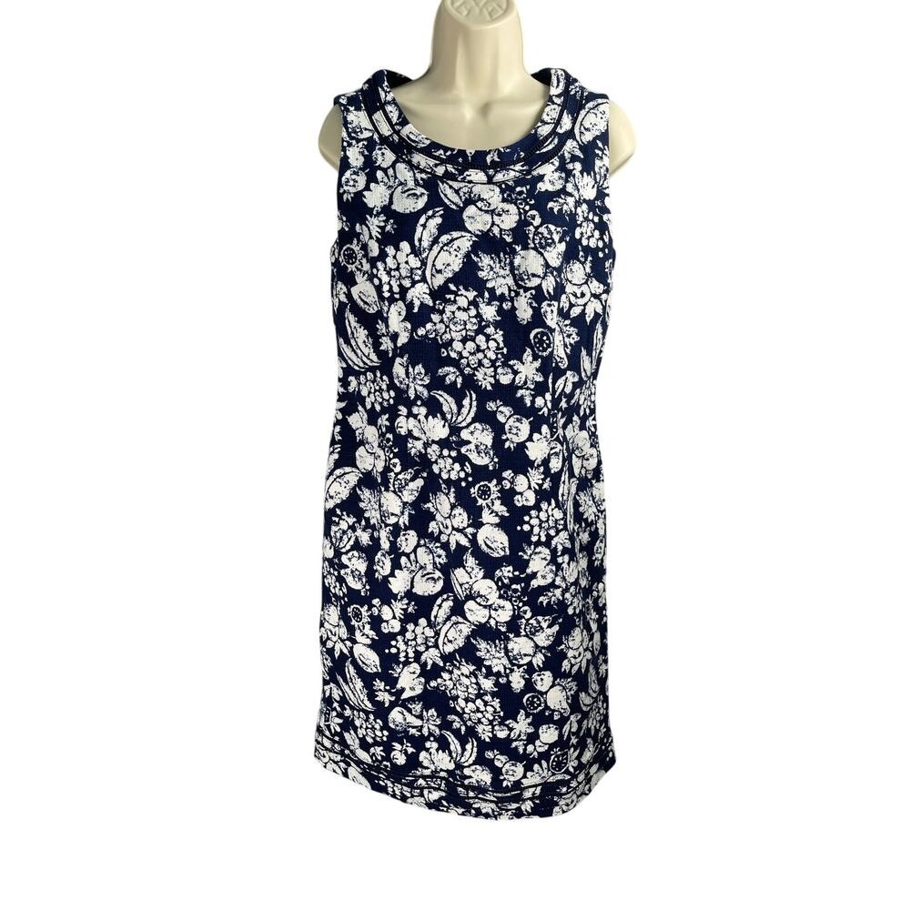 Talbots Dress 8 Navy Fruit Print Crochet Trim Cotton Blend Sheath Summer Chic
